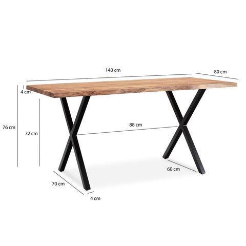 Rootz Solid Acacia Wood Dining Table - Kitchen Table - Rectangular Table - Natural Wood Grain - Unique Tree Edge Design - X-Shaped Metal Legs - 140cm x 80cm x 76cm