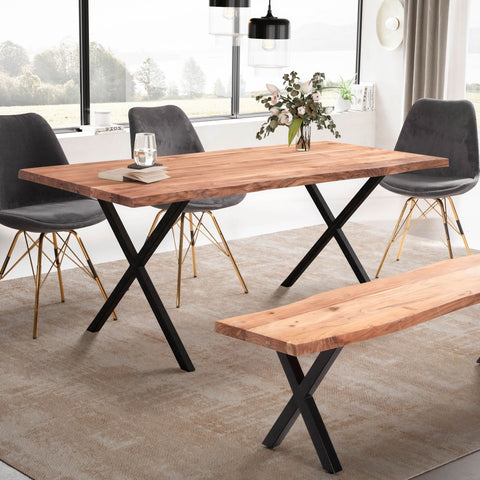 Rootz Solid Acacia Wood Dining Table - Kitchen Table - Rectangular Table with Natural Wood Grain - Handcrafted - Unique Tree Edge Design - Adjustable Height Knobs - 160cm x 80cm x 76cm