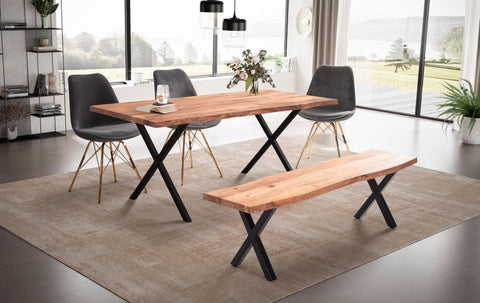 Rootz Solid Acacia Wood Dining Table - Kitchen Table - Rectangular Table with Natural Wood Grain - Handcrafted - Unique Tree Edge Design - Adjustable Height Knobs - 160cm x 80cm x 76cm