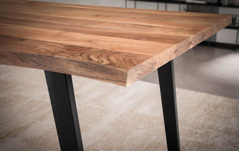 Rootz Solid Acacia Wood Dining Table - Kitchen Table - Rectangular Table - Natural Wood Grain - Unique Tree Edge Design - U-Shaped Metal Legs - 140cm x 80cm x 76cm