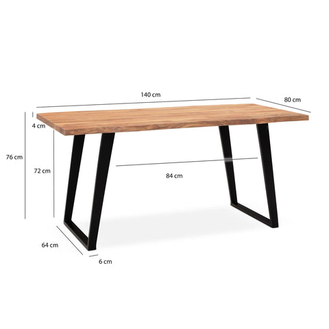 Rootz Solid Acacia Wood Dining Table - Kitchen Table - Rectangular Table - Natural Wood Grain - Unique Tree Edge Design - U-Shaped Metal Legs - 140cm x 80cm x 76cm