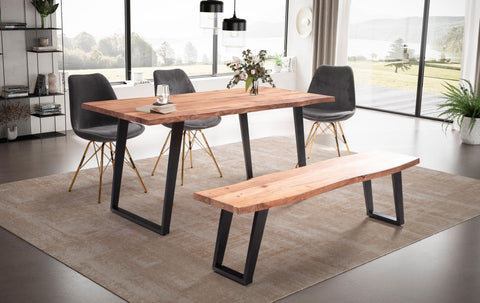 Rootz Solid Acacia Wood Dining Table - Kitchen Table - Rectangular Table - Natural Wood Grain - Unique Tree Edge Design - U-Shaped Metal Legs - 140cm x 80cm x 76cm