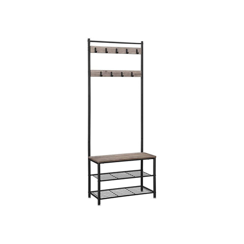 Rootz Coat Stand - With 3 Shelves And Seat - Wall-mounted Coat Rack - Hanging Coat Hooks - Decorative Wall Hooks - Entryway Storage Solution - Elegant Coat Stand - Chipboard - Steel - Greige Black - 70 x 32 x 175 cm (L x W x H)