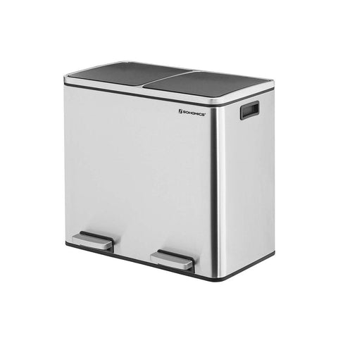 Rootz Trash Can - Trash Bin - Pedal Bin With 2 Compartments - Waste Separation System - With Foot Pedal - 2 Inner Bins - Kitchen Trash Can - Steel - Plastic - Silver - 58.5 x 32 x 54.5 cm (L x W x H)