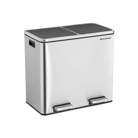 Rootz Trash Can - Trash Bin - Pedal Bin With 2 Compartments - Waste Separation System - With Foot Pedal - 2 Inner Bins - Kitchen Trash Can - Steel - Plastic - Silver - 58.5 x 32 x 54.5 cm (L x W x H)