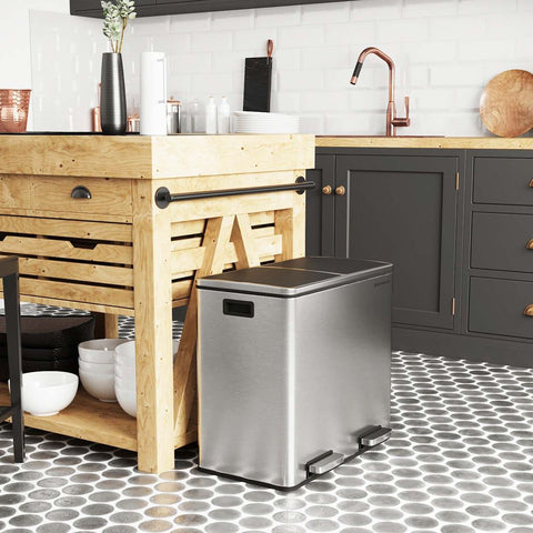 Rootz Trash Can - Trash Bin - Pedal Bin With 2 Compartments - Waste Separation System - With Foot Pedal - 2 Inner Bins - Kitchen Trash Can - Steel - Plastic - Silver - 58.5 x 32 x 54.5 cm (L x W x H)