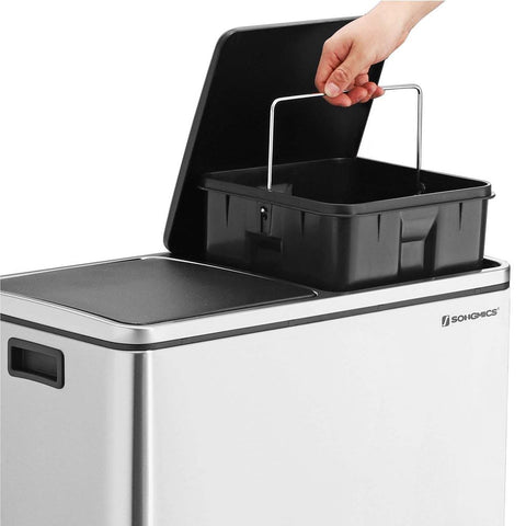 Rootz Trash Can - Trash Bin - Pedal Bin With 2 Compartments - Waste Separation System - With Foot Pedal - 2 Inner Bins - Kitchen Trash Can - Steel - Plastic - Silver - 58.5 x 32 x 54.5 cm (L x W x H)