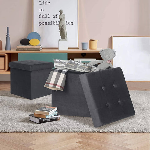 Rootz Velvet Storage Stool Set - Cube Seat - Folding Ottoman - Large Storage Capacity - 37.5cm x 38cm x 37.5cm - Pack of 2