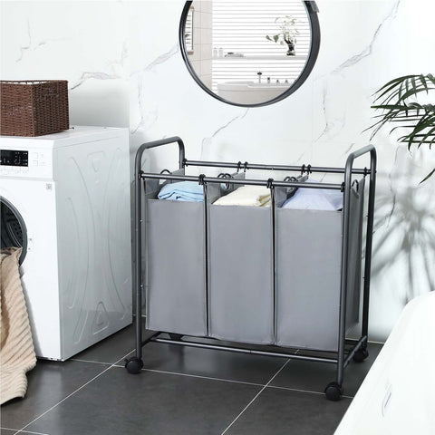 Rootz Laundry Basket On Wheels - 3 Pockets - Laundry Hamper - 3 Removable Fabric Bags - Rolling Laundry Hamper - 3-section Laundry Cart - 600D Polyester - Gray - 77 x 41 x 81.5 cm (L x W x H)
