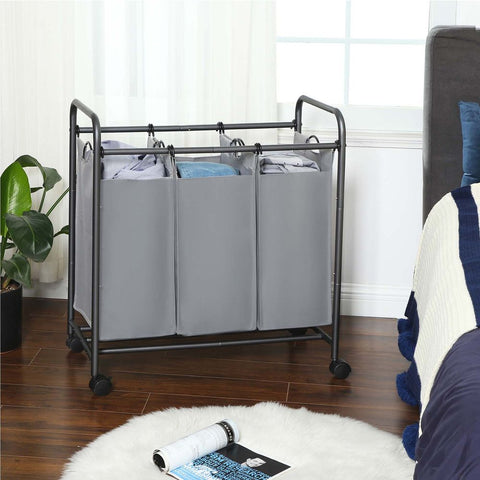Rootz Laundry Basket On Wheels - 3 Pockets - Laundry Hamper - 3 Removable Fabric Bags - Rolling Laundry Hamper - 3-section Laundry Cart - 600D Polyester - Gray - 77 x 41 x 81.5 cm (L x W x H)