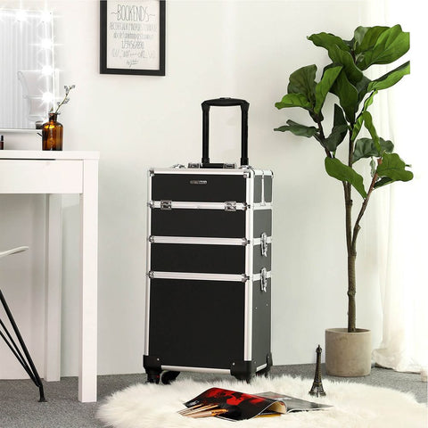 Rootz Make-up Trolley - 3-in-1 Makeup Case With Universal Wheels - Makeup Organizer Trolley - Portable Makeup Cart - Travel Makeup Trolley - Vanity Trolley - Mobile Beauty Station - Aluminum Strip + MDF - Black - 35 x 68.5 x 25 cm (W x H x D)