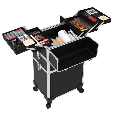 Rootz Make-up Trolley - 3-in-1 Makeup Case With Universal Wheels - Makeup Organizer Trolley - Portable Makeup Cart - Travel Makeup Trolley - Vanity Trolley - Mobile Beauty Station - Aluminum Strip + MDF - Black - 35 x 68.5 x 25 cm (W x H x D)
