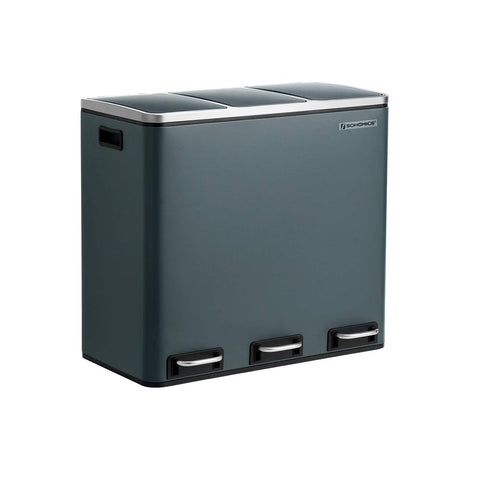 Rootz Trash Can - Trash Bin - Pedal Bin With 3 Compartments - Waste Separation System - With Foot Pedal - 3 Inner Bins - Kitchen Trash Can - Steel - Plastic - Green Gray - 61 x 31.5 x 55.5 cm (L x W x H)