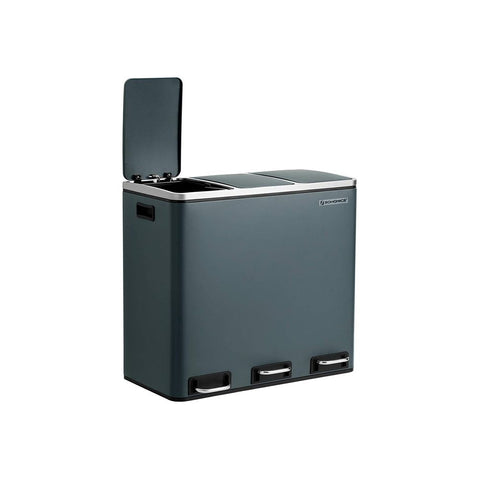 Rootz Trash Can - Trash Bin - Pedal Bin With 3 Compartments - Waste Separation System - With Foot Pedal - 3 Inner Bins - Kitchen Trash Can - Steel - Plastic - Green Gray - 61 x 31.5 x 55.5 cm (L x W x H)