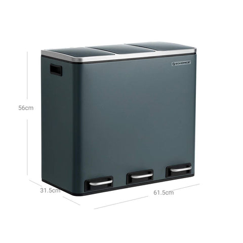 Rootz Trash Can - Trash Bin - Pedal Bin With 3 Compartments - Waste Separation System - With Foot Pedal - 3 Inner Bins - Kitchen Trash Can - Steel - Plastic - Green Gray - 61 x 31.5 x 55.5 cm (L x W x H)