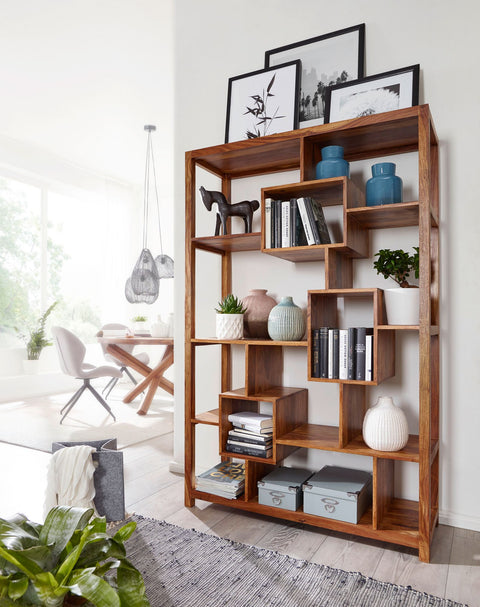 Rootz Bookshelf Solid Sheesham Wood - Large Bookcase - Room Divider - Handcrafted Unique Design - Ample Storage Space - 180cm x 115cm x 40cm