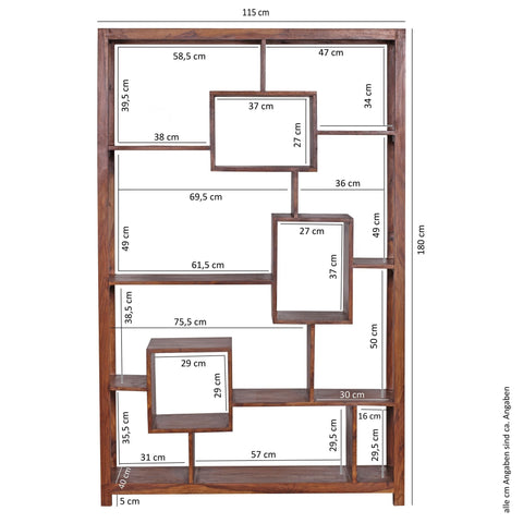 Rootz Bookshelf Solid Sheesham Wood - Large Bookcase - Room Divider - Handcrafted Unique Design - Ample Storage Space - 180cm x 115cm x 40cm