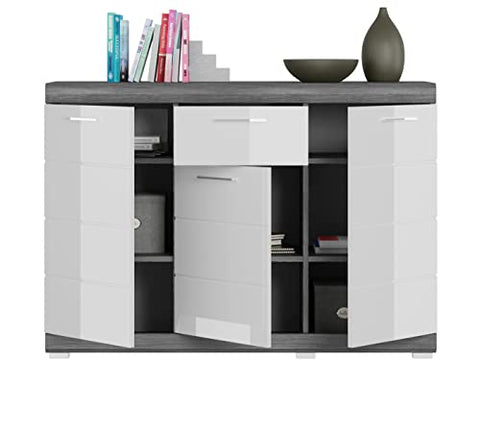Rootz Scout Chest of Drawers - Wood Material - White High-Gloss Front - Smoke Silver Body - 120cm x 85cm x 37cm