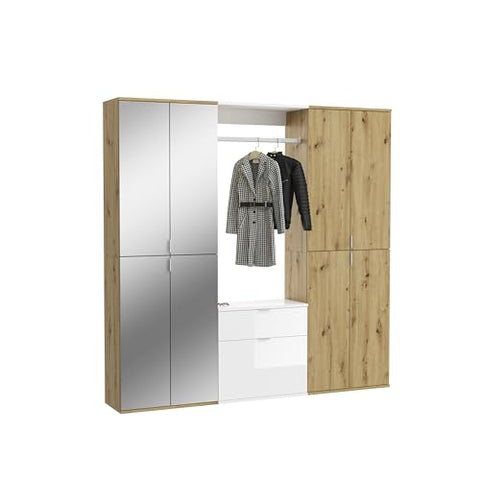 Rootz 3-Piece Wardrobe Combination - Artisan Oak Nb. - White High Gloss - Mirror Glass - Spacious Storage - 183cm x 193cm x 34cm