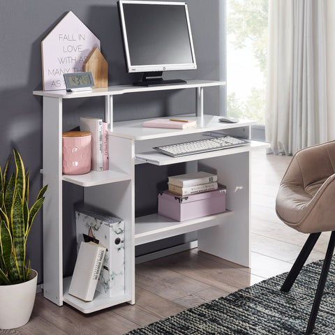 Rootz Modern Computer Desk with PC Shelf - Home Office Desk - Timeless Design - Keyboard Pull-Out - White - 94cm x 90.5cm x 48.5cm - Generous Worktop - Intelligent Storage Options