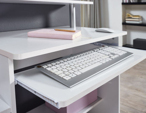 Rootz Modern Computer Desk with PC Shelf - Home Office Desk - Timeless Design - Keyboard Pull-Out - White - 94cm x 90.5cm x 48.5cm - Generous Worktop - Intelligent Storage Options