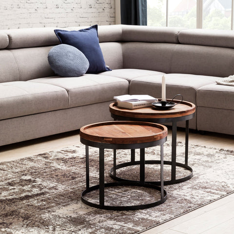 Rootz 2 Piece Set Side Tables - Living Room Tables - Round Table Tops - Stylish Grain - Metal Base - Handcrafted - Sheesham Wood - 53cm x 45cm x 53cm / 48cm x 40cm x 48cm - Classic Design