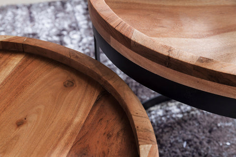 Rootz 2 Piece Set Side Tables - Living Room Tables - Round Table Tops - Stylish Grain - Metal Base - Handcrafted - Sheesham Wood - 53cm x 45cm x 53cm / 48cm x 40cm x 48cm - Classic Design