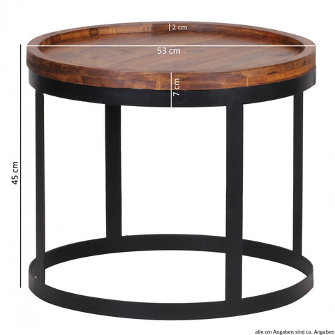 Rootz 2 Piece Set Side Tables - Living Room Tables - Round Table Tops - Stylish Grain - Metal Base - Handcrafted - Sheesham Wood - 53cm x 45cm x 53cm / 48cm x 40cm x 48cm - Classic Design