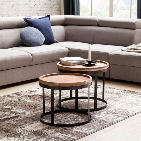 Rootz 2 Piece Set Side Tables - Living Room Tables - Round Table Tops - Metal Base - Modern Design - Handcrafted Acacia Wood - 53cm x 45cm x 53cm / 48cm x 40cm x 48cm - Unique Grain - Easy to Clean - Stylish Ambience