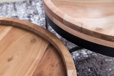 Rootz 2 Piece Set Side Tables - Living Room Tables - Round Table Tops - Metal Base - Modern Design - Handcrafted Acacia Wood - 53cm x 45cm x 53cm / 48cm x 40cm x 48cm - Unique Grain - Easy to Clean - Stylish Ambience