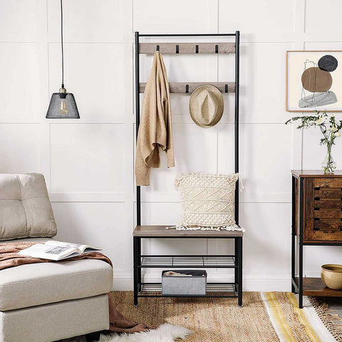 Rootz Coat Stand - With 3 Shelves And Seat - Wall-mounted Coat Rack - Hanging Coat Hooks - Decorative Wall Hooks - Entryway Storage Solution - Elegant Coat Stand - Chipboard - Steel - Greige Black - 70 x 32 x 175 cm (L x W x H)