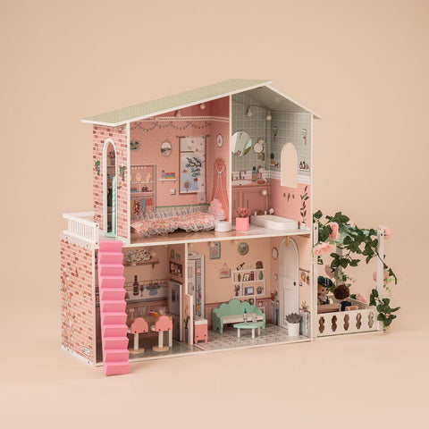 Rootz Spring Garden Cabin Wooden Dollhouse - Miniature Home - Kids Playhouse - 25+ Lifelike Accessories - Educational & Safe - 60cm x 30cm x 70cm - 100% Real Wood