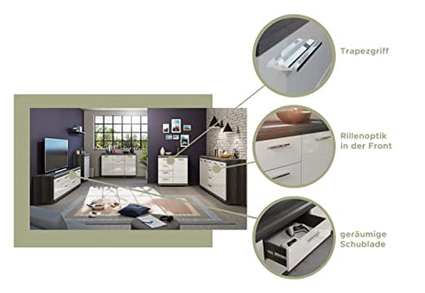 Rootz Scout Chest of Drawers - Wood Material - White High-Gloss Front - Smoke Silver Body - 120cm x 85cm x 37cm