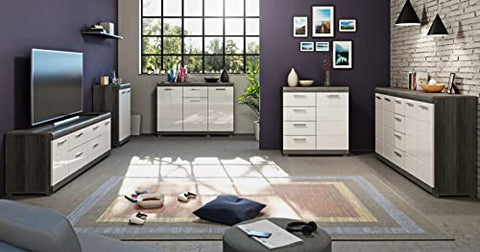 Rootz Scout Chest of Drawers - Wood Material - White High-Gloss Front - Smoke Silver Body - 120cm x 85cm x 37cm