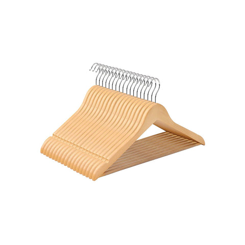Rootz 50 Pack Maple Wood Hangers - Natural Finish - Trouser Bar - Chrome Plated Hooks - 44.5cm x 23cm x 1.2cm