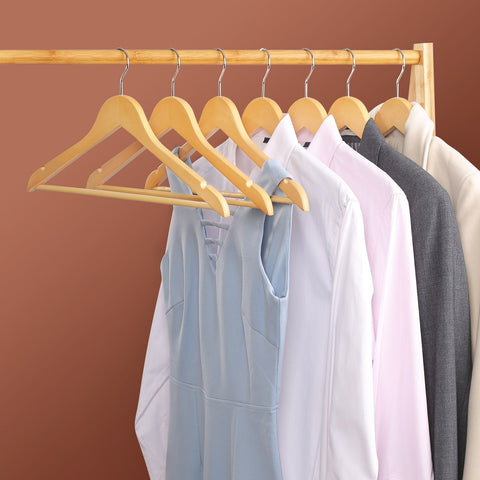 Rootz 50 Pack Maple Wood Hangers - Natural Finish - Trouser Bar - Chrome Plated Hooks - 44.5cm x 23cm x 1.2cm