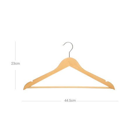 Rootz 50 Pack Maple Wood Hangers - Natural Finish - Trouser Bar - Chrome Plated Hooks - 44.5cm x 23cm x 1.2cm