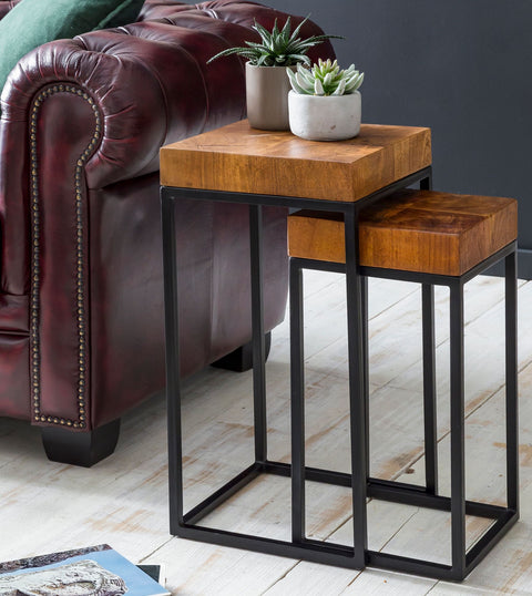 Rootz Industrial Design Two-Piece Nesting Table Set - Side Tables - Sheesham Wood - Metal Frame - Unique Wood Grain - Handcrafted - Protective Varnish - 30cm x 60cm x 30cm / 30cm x 51cm x 25cm
