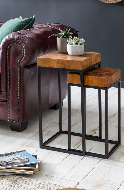 Rootz Industrial Design Two-Piece Nesting Table Set - Side Tables - Sheesham Wood - Metal Frame - Unique Wood Grain - Handcrafted - Protective Varnish - 30cm x 60cm x 30cm / 30cm x 51cm x 25cm