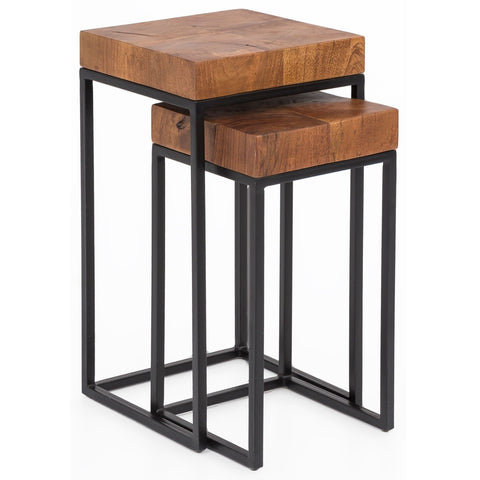 Rootz Industrial Design Two-Piece Nesting Table Set - Side Tables - Sheesham Wood - Metal Frame - Unique Wood Grain - Handcrafted - Protective Varnish - 30cm x 60cm x 30cm / 30cm x 51cm x 25cm
