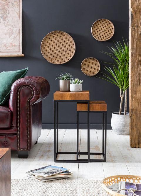 Rootz Industrial Design Two-Piece Nesting Table Set - Side Tables - Sheesham Wood - Metal Frame - Unique Wood Grain - Handcrafted - Protective Varnish - 30cm x 60cm x 30cm / 30cm x 51cm x 25cm
