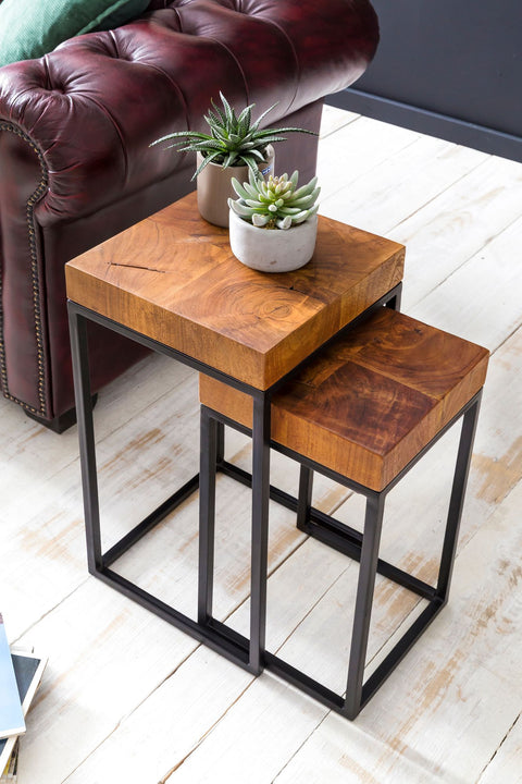 Rootz Industrial Design Two-Piece Nesting Table Set - Side Tables - Sheesham Wood - Metal Frame - Unique Wood Grain - Handcrafted - Protective Varnish - 30cm x 60cm x 30cm / 30cm x 51cm x 25cm