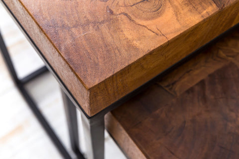 Rootz Industrial Design Two-Piece Nesting Table Set - Side Tables - Sheesham Wood - Metal Frame - Unique Wood Grain - Handcrafted - Protective Varnish - 30cm x 60cm x 30cm / 30cm x 51cm x 25cm