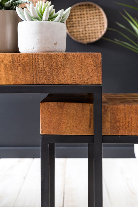 Rootz Industrial Design Two-Piece Nesting Table Set - Side Tables - Sheesham Wood - Metal Frame - Unique Wood Grain - Handcrafted - Protective Varnish - 30cm x 60cm x 30cm / 30cm x 51cm x 25cm