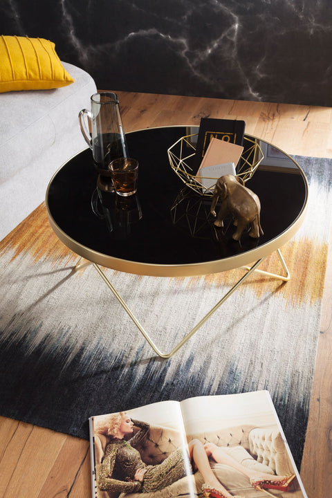 Rootz Retro Coffee Table - Filigree Table Legs - Stylish Center Table - V-Shaped Legs - Modern Color Scheme - Golden Frame - Toughened Glass Top - 39cm x 82cm x 73.5cm