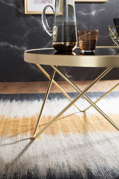 Rootz Retro Coffee Table - Filigree Table Legs - Stylish Center Table - V-Shaped Legs - Modern Color Scheme - Golden Frame - Toughened Glass Top - 39cm x 82cm x 73.5cm