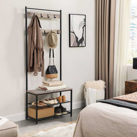 Rootz Coat Stand - With 3 Shelves And Seat - Wall-mounted Coat Rack - Hanging Coat Hooks - Decorative Wall Hooks - Entryway Storage Solution - Elegant Coat Stand - Chipboard - Steel - Greige Black - 70 x 32 x 175 cm (L x W x H)