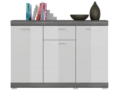 Rootz Scout Chest of Drawers - Wood Material - White High-Gloss Front - Smoke Silver Body - 120cm x 85cm x 37cm