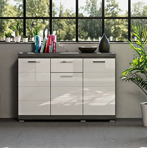 Rootz Scout Chest of Drawers - Wood Material - White High-Gloss Front - Smoke Silver Body - 120cm x 85cm x 37cm