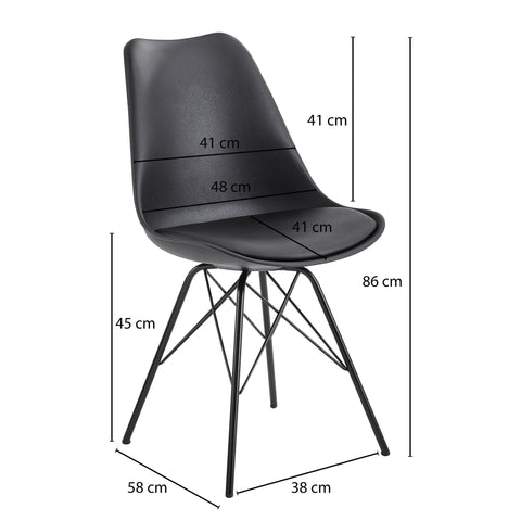 Rootz Set of 2 Modern Dining Chairs - Scandinavian Design - Kitchen Chairs - Plastic Seat Shell - Imitation Leather Seat Cover - Lacquered Iron Legs - 48cm x 86cm x 58cm